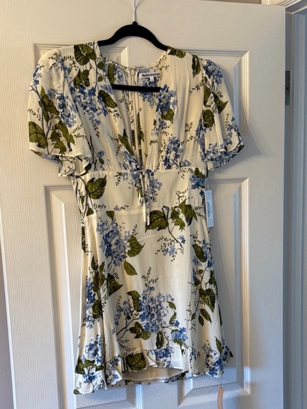 Reformation Cream Mini Dress with Blue Floral and Olive Green Leaves